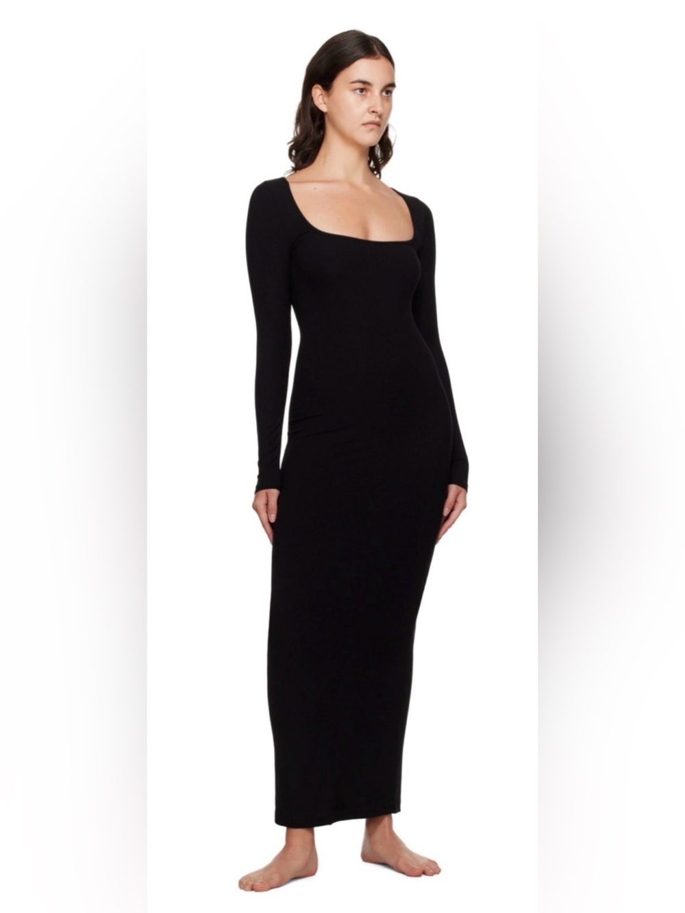 SKIMS Maxi Dress Womens Black Soft Lounge Long Sleeve Ribbed Scoop Neck L nwt